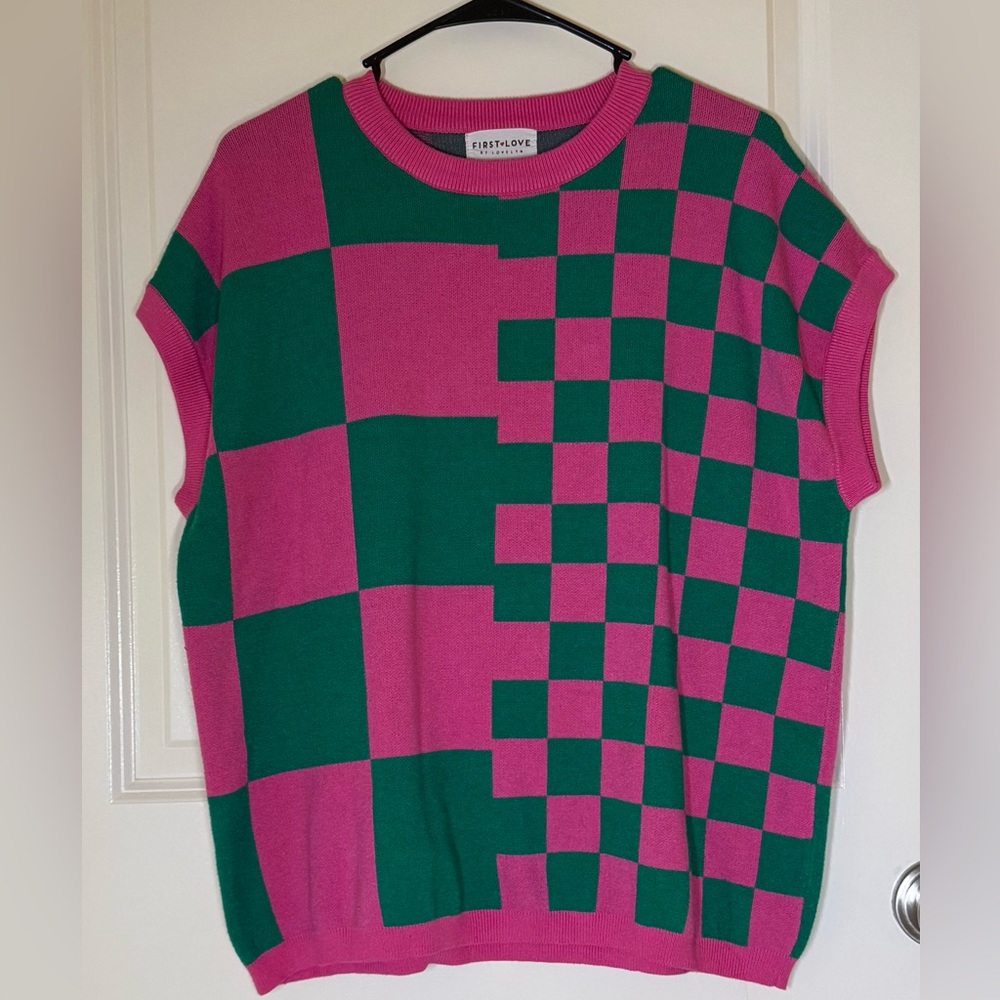 First Love Pink and Green Checkered Sweater